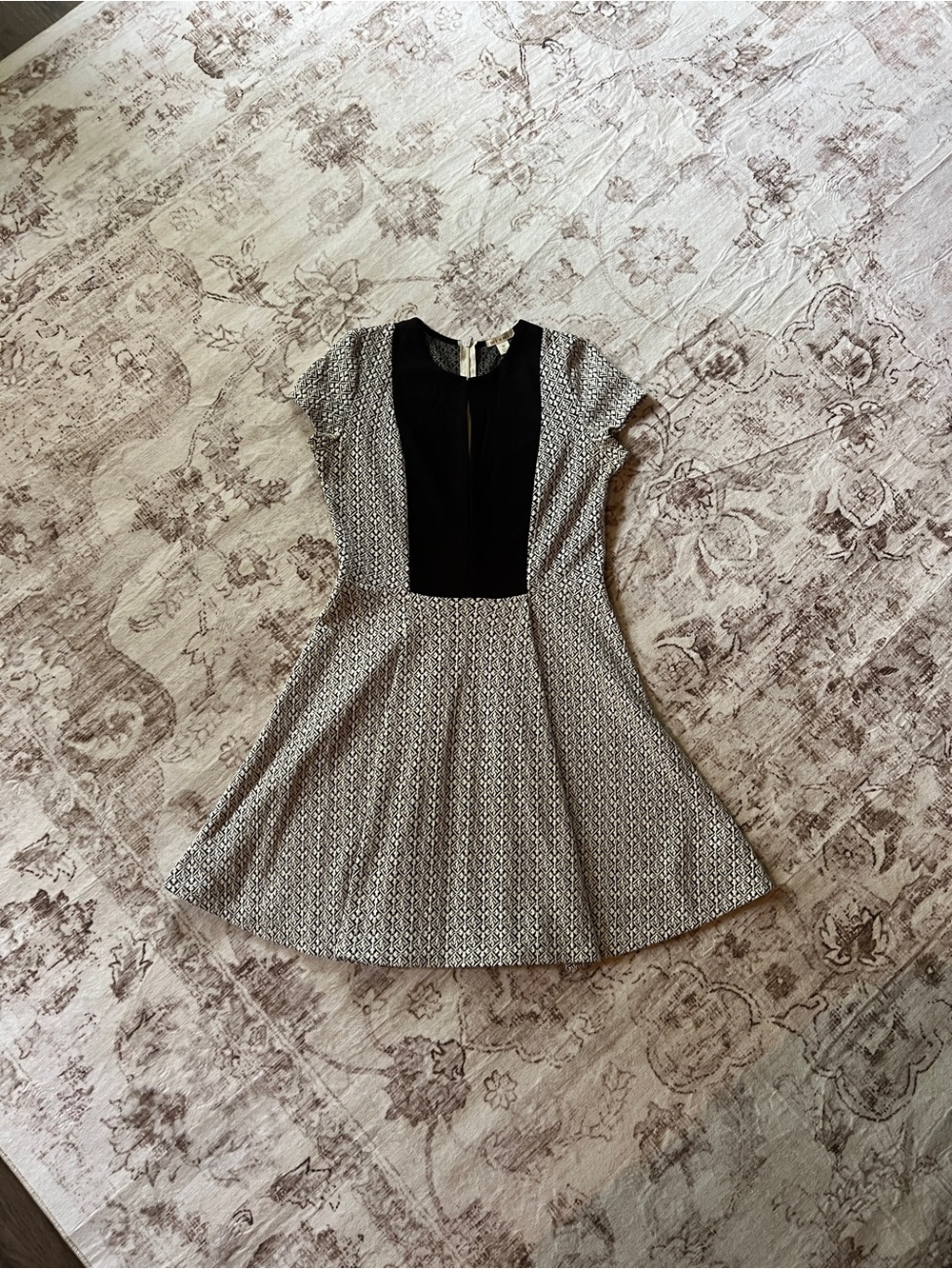 Black and Cream Patterned Fit-and-Flare Dress
